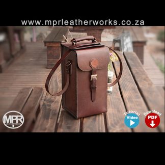 Leather 4-bottle wine bag with buckle closure and leather strap.
